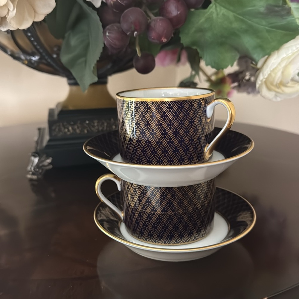 Fitz and Floyd Cobalt Dynasty tea cups and saucers